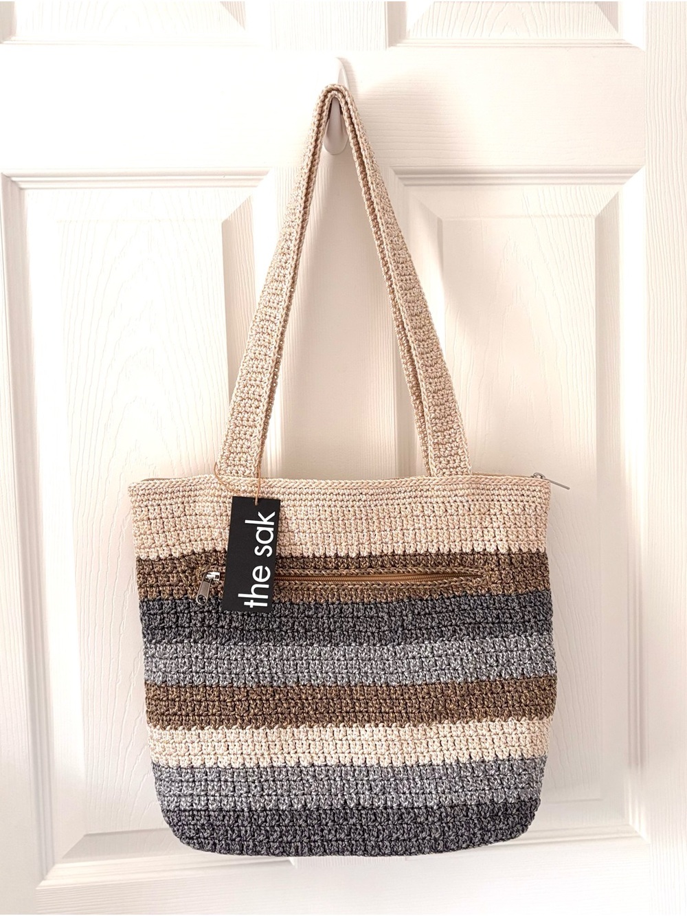 The Sak Neutral Stripe Crochet Tote in Beige, Brown & Gray